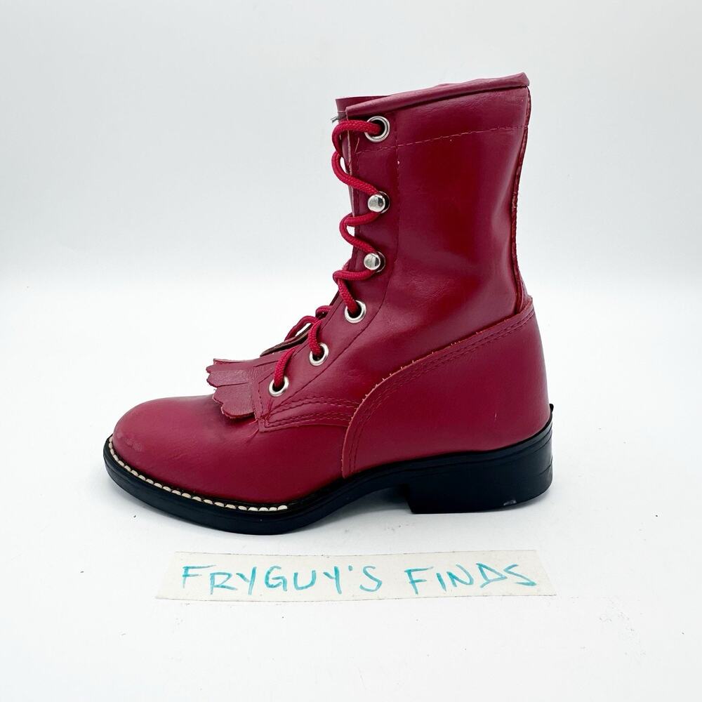 Vintage Bronco Kids Red Leather Lace-Up Western Fringe Boots Round Toe Size 9.5D